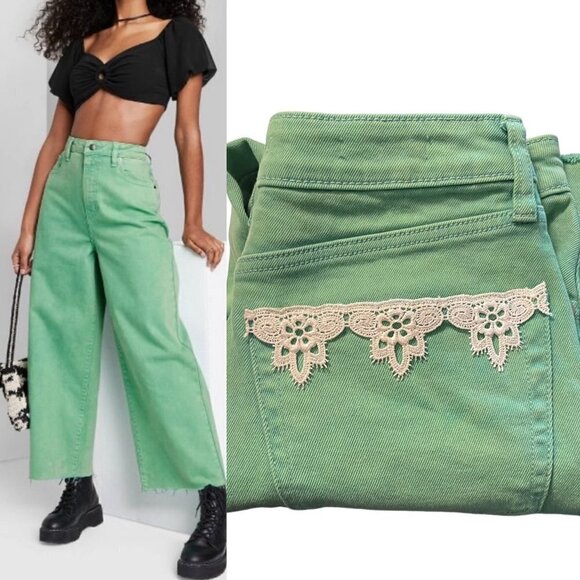 Wild Fable Womens Y2K Green Lace Pockets Highest Rise Wide Leg Ankle Jeans Sz 2 - Picture 1 of 11